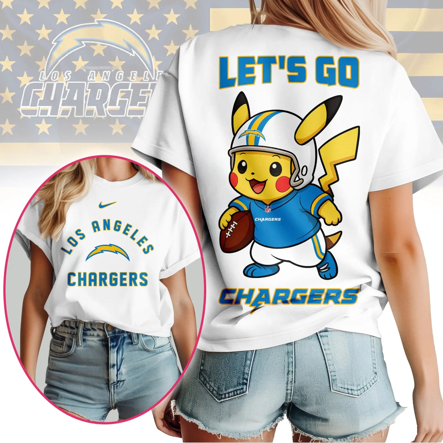 Los Angeles Chargers | Premium NFL Pokemon Fan 3D Shirt NY - HuddleStyle.com - Image 2