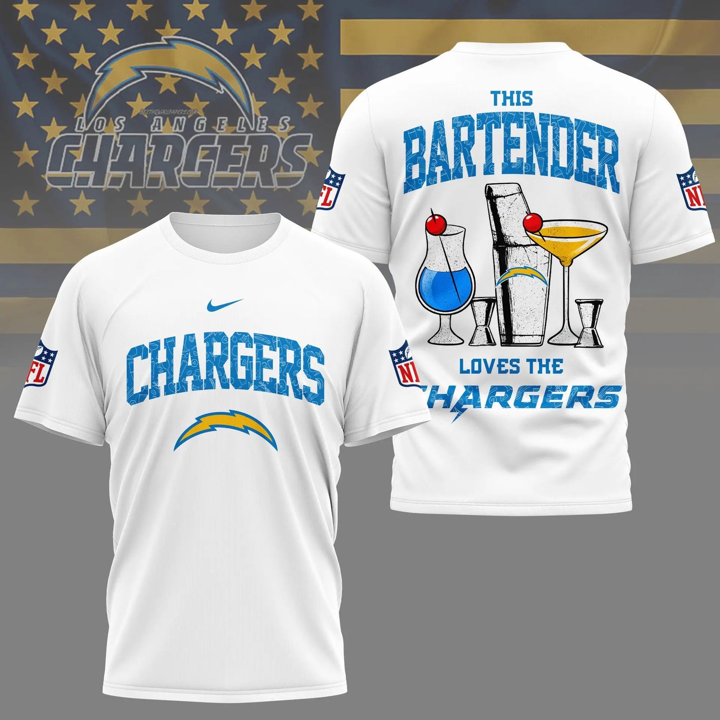 Los Angeles Chargers | Premium NFL Bartender Fan 3D Shirt NY - HuddleStyle.com - Image 2