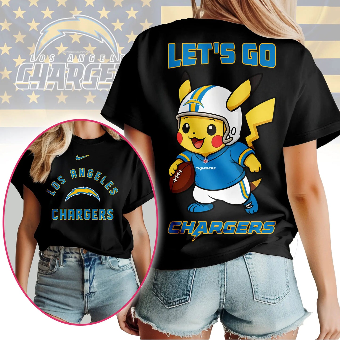 Los Angeles Chargers | Premium NFL Pokemon Fan 3D Shirt NY - HuddleStyle.com - Image 3
