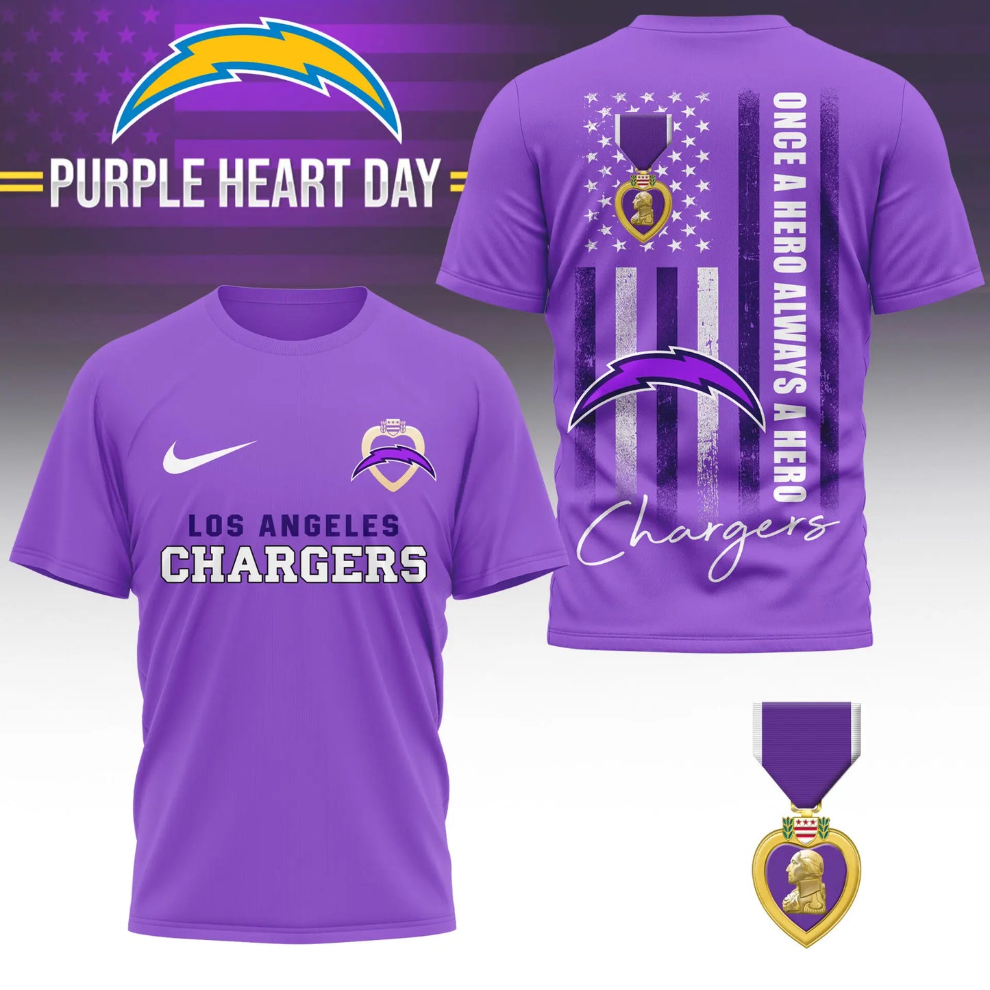 Los Angeles Chargers | Premium NFL Premium National Purple Heart Day 3D Shirt HI - HuddleStyle.com - Image 3