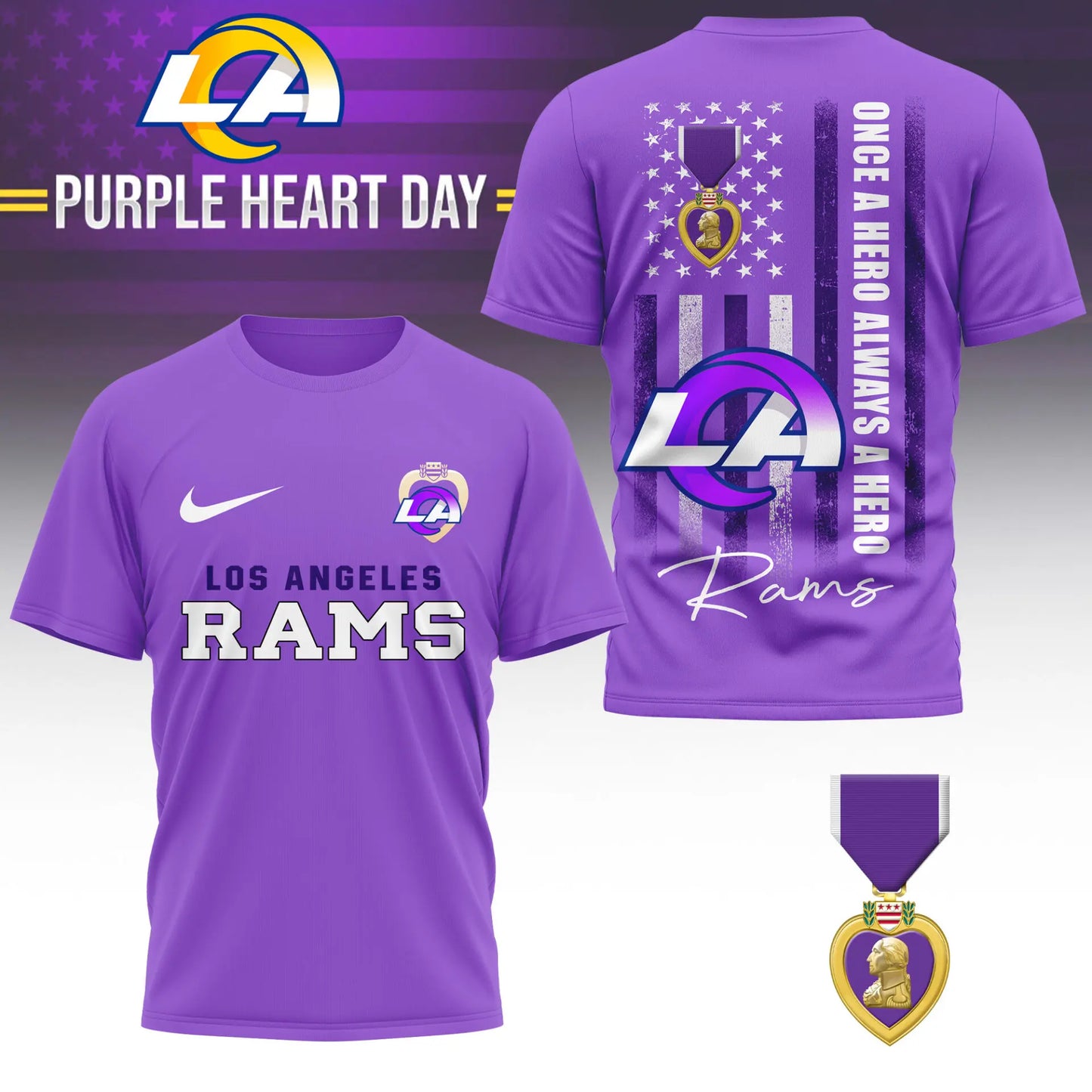 Los Angeles Rams | Premium NFL Premium National Purple Heart Day 3D Shirt HI - HuddleStyle.com - Image 3