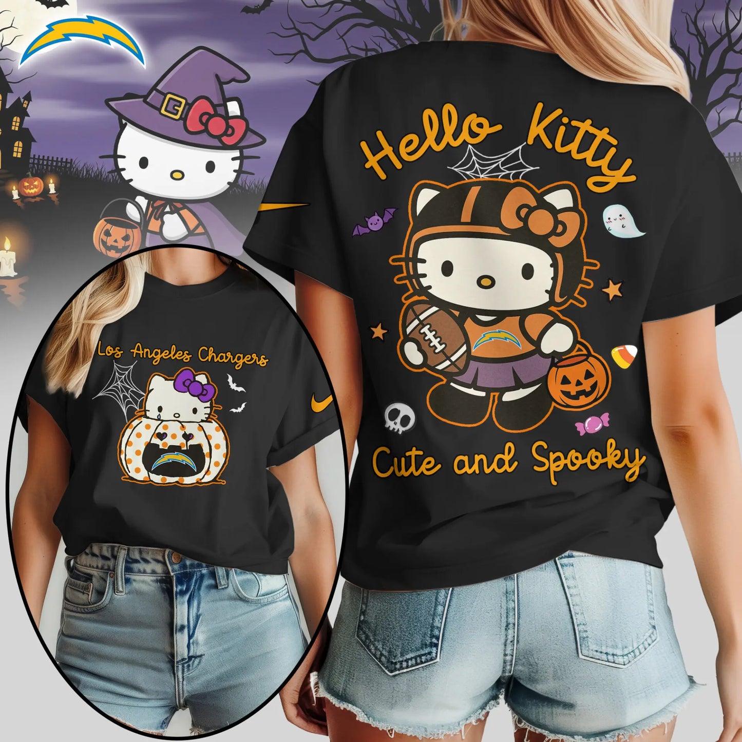 Los Angeles Chargers | Premium NFL Hello Kitty Cute And Spooky Halloween Women Shirt NY - HuddleStyle.com - Image 2