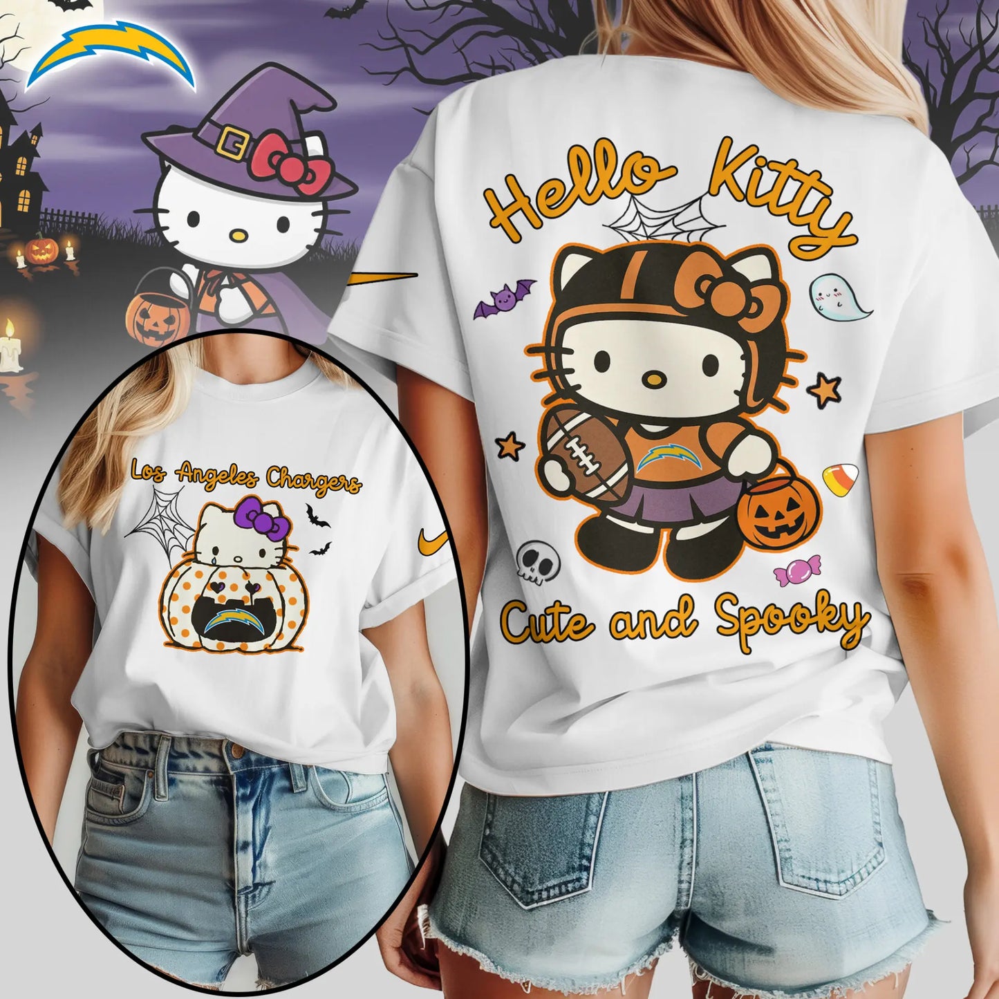 Los Angeles Chargers | Premium NFL Hello Kitty Cute And Spooky Halloween Women Shirt NY - HuddleStyle.com - Image 3