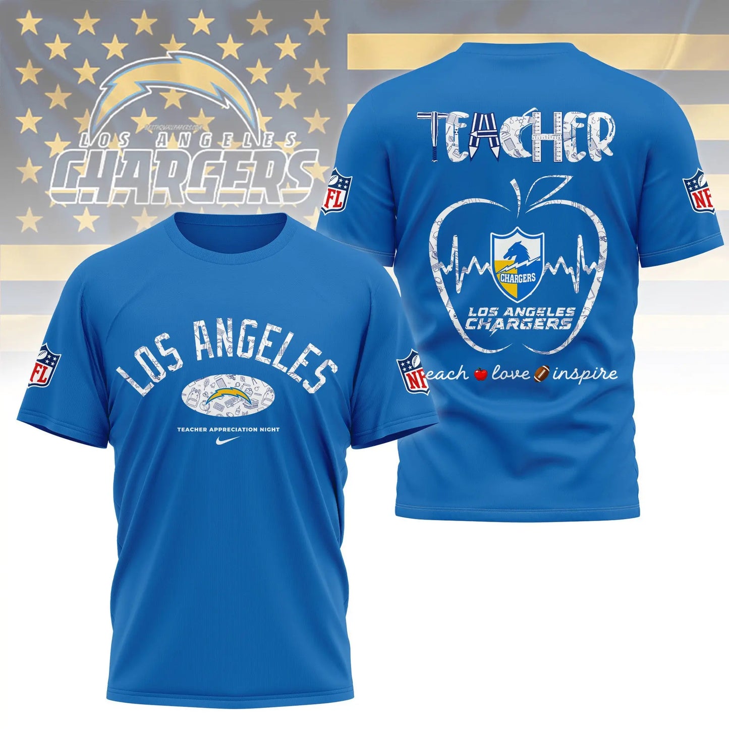 Los Angeles Chargers |PREMIUM 3D TEACHER APPRECIATION DAY SHIRT NY - HuddleStyle.com - Image 2