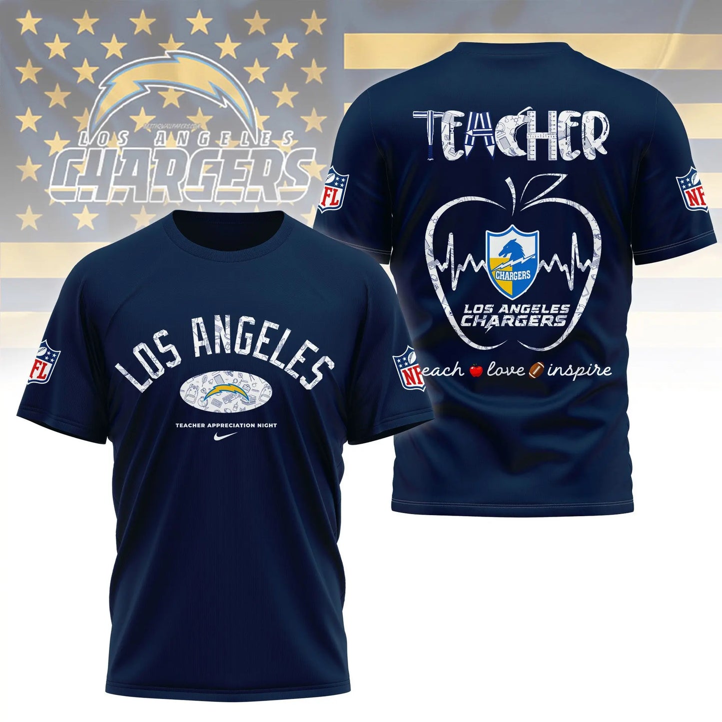 Los Angeles Chargers |PREMIUM 3D TEACHER APPRECIATION DAY SHIRT NY - HuddleStyle.com - Main