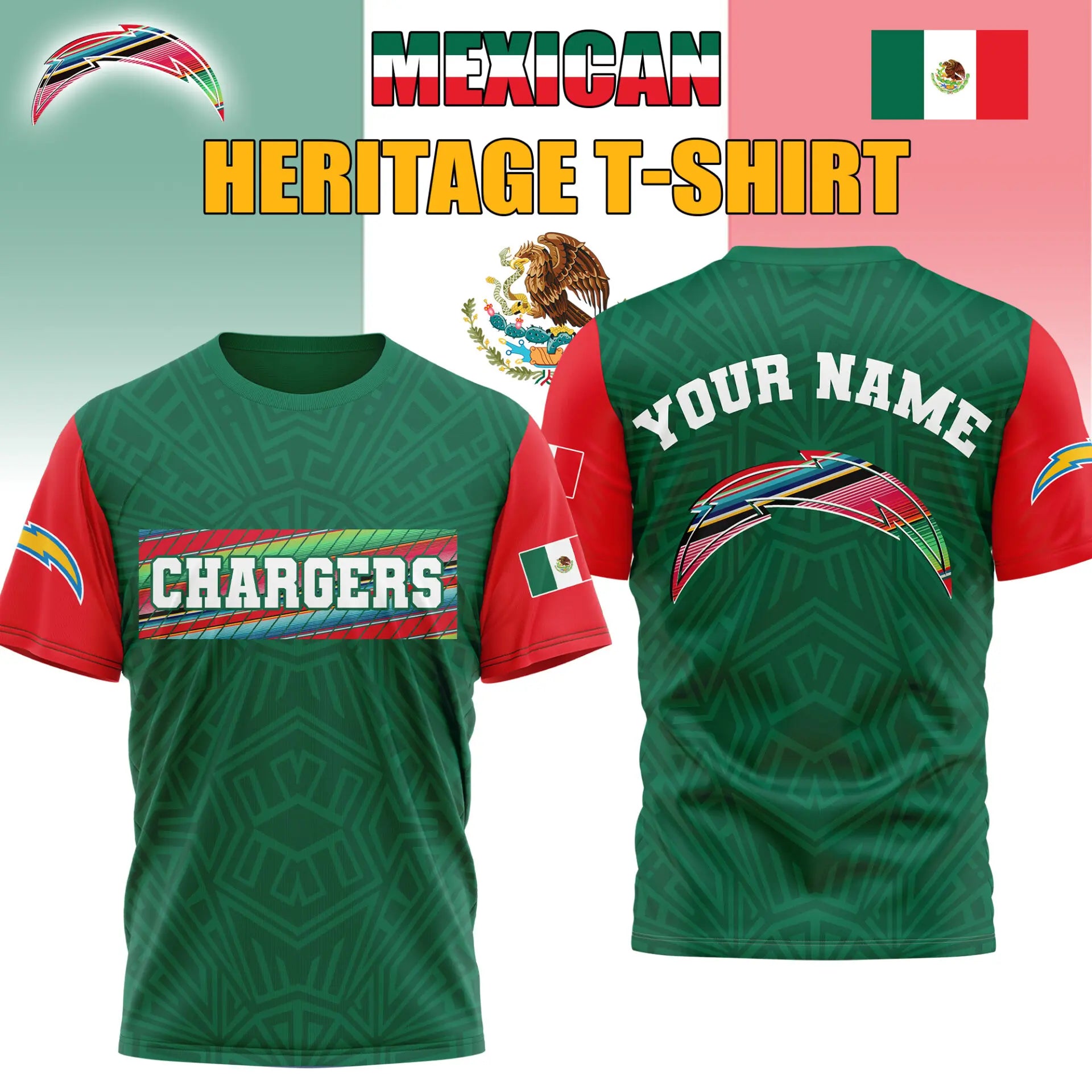 Los Angeles Chargers | Premium NFL Mexican Heritage Celebration 3D Shirt HI - HuddleStyle.com - Image 3