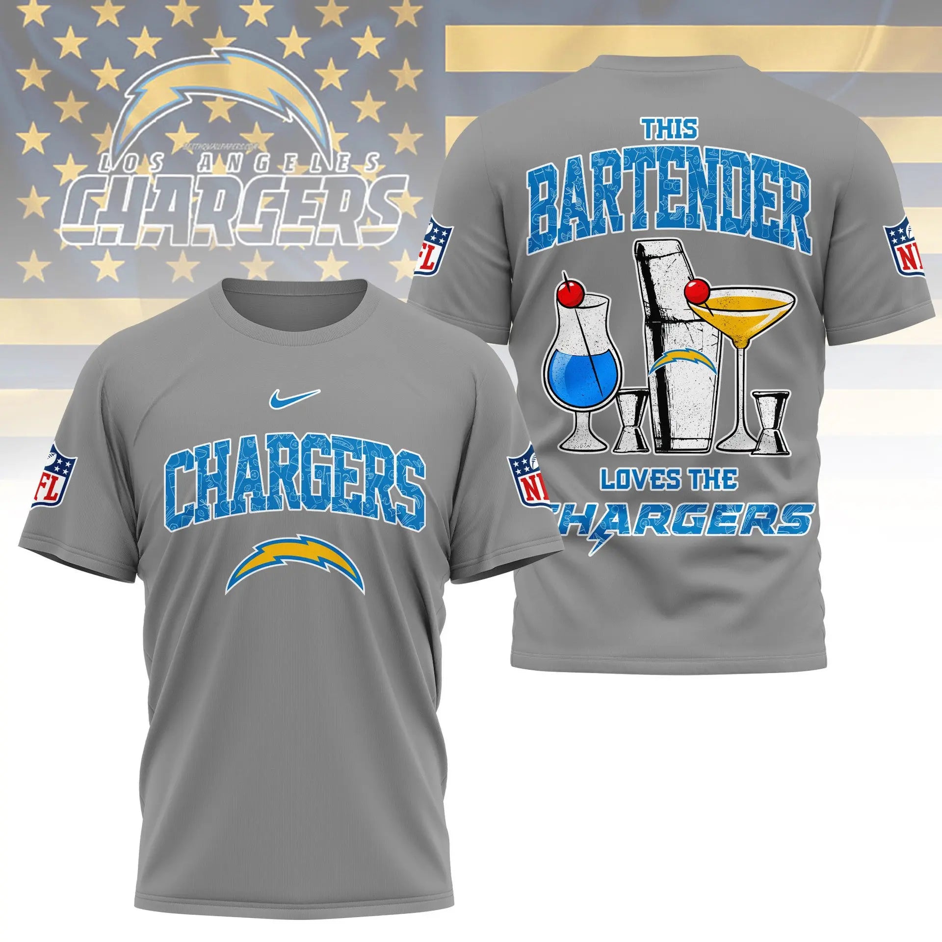 Los Angeles Chargers | Premium NFL Bartender Fan 3D Shirt NY - HuddleStyle.com - Main